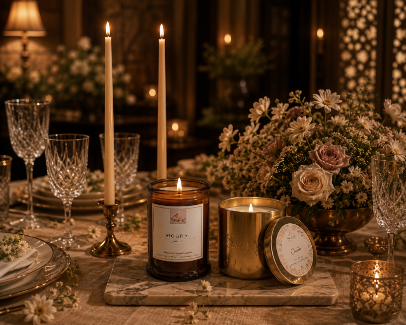 A styled candle table setting with a lit amber glass jar candle labeled 'MOON 8' on a marble tray, alongside a gold metal candle holder and its lid, surrounded by lit taper candles, crystal glasses, and a floral centerpiece in a warmly lit dining environment.